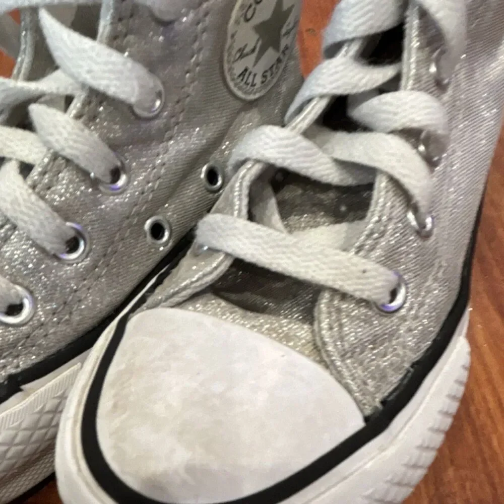 Converse Chuck Taylor All Star Hi Kids Silver Glitter Canvas High Top Sz 11.5